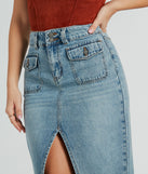 Iconic Trendsetter High Rise Slit Denim Midi Skirt