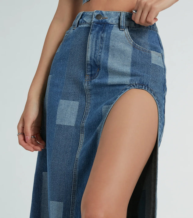 Retro Fab High Slit Patchwork Denim Maxi Skirt | Windsor Retro Fab High Slit Patchwork Denim Maxi Skirt | Windsor