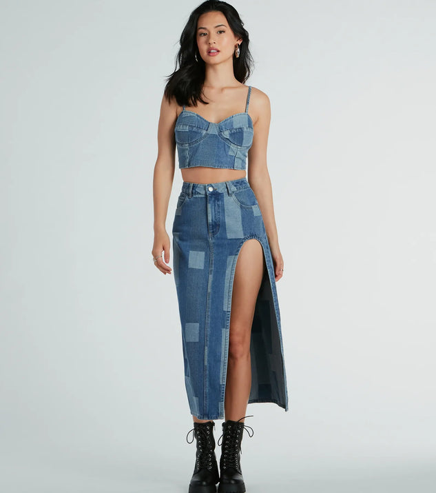 Retro Fab High Slit Patchwork Denim Maxi Skirt | Windsor Retro Fab High Slit Patchwork Denim Maxi Skirt | Windsor