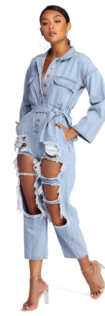 Feeling Fierce Distressed Denim Jumpsuit will help you dress the part in stylish holiday party attire, an outfit for a New Year’s Eve party, & dressy or cocktail attire for any event.
