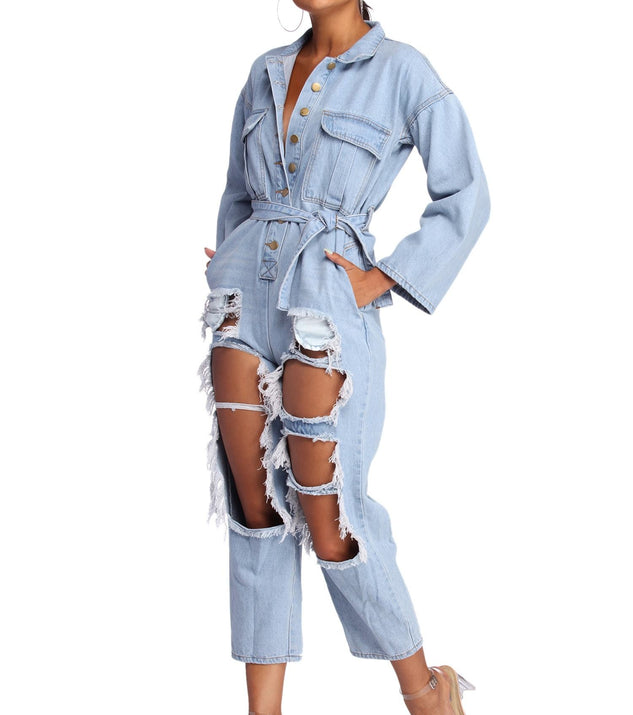 Feeling Fierce Distressed Denim Jumpsuit will help you dress the part in stylish holiday party attire, an outfit for a New Year’s Eve party, & dressy or cocktail attire for any event.