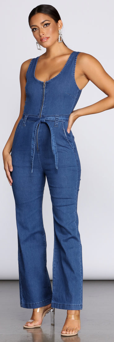 Zip Front Denim Jumpsuit provides a stylish start to creating your best summer outfits of the season with on-trend details for 2023!