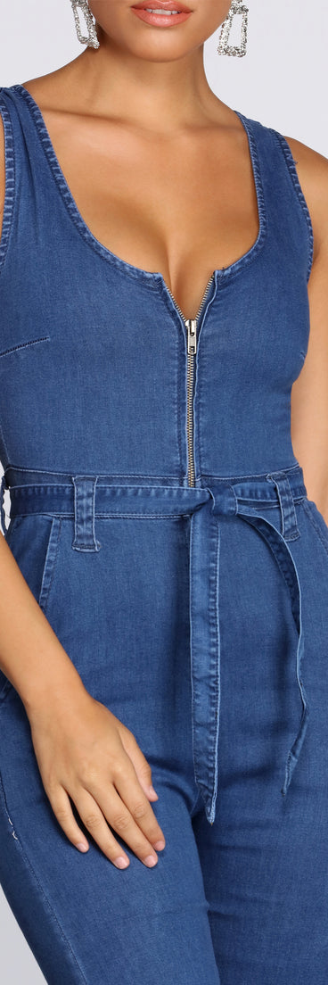 Zip Front Denim Jumpsuit provides a stylish start to creating your best summer outfits of the season with on-trend details for 2023!