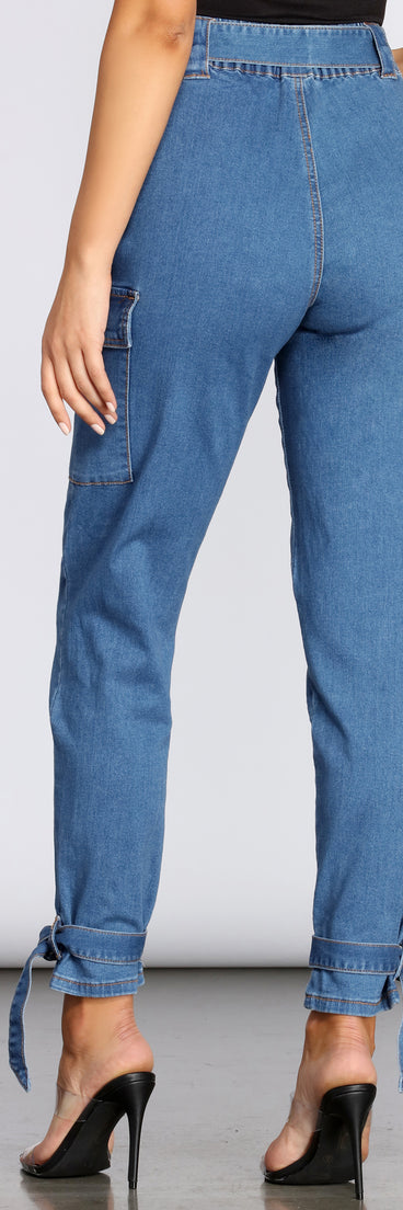 Tie Waist Cargo Style Denim Joggers for 2022 festival outfits, festival dress, outfits for raves, concert outfits, and/or club outfits