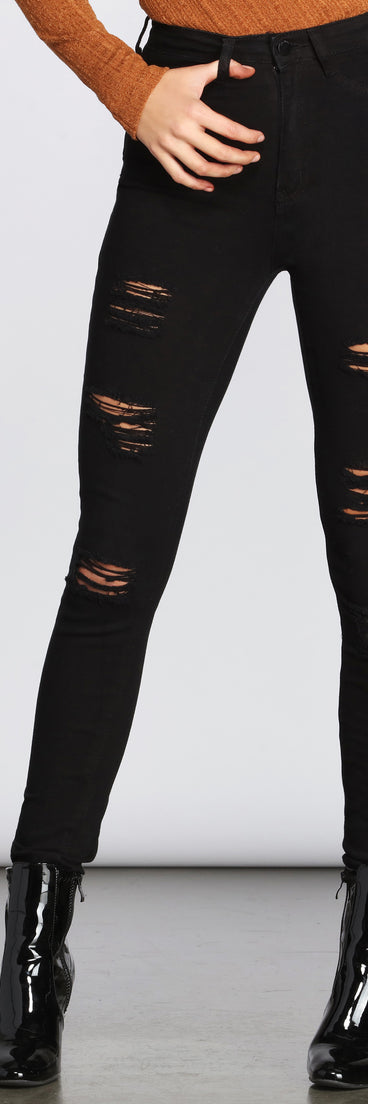 High Rise Edgy Destructed Skinny Jeans for 2022 festival outfits, festival dress, outfits for raves, concert outfits, and/or club outfits