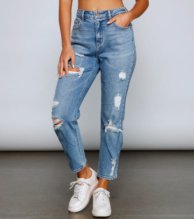 Chic Destruction High Rise Boyfriend Jeans for 2023 festival outfits, festival dress, outfits for raves, concert outfits, and/or club outfits