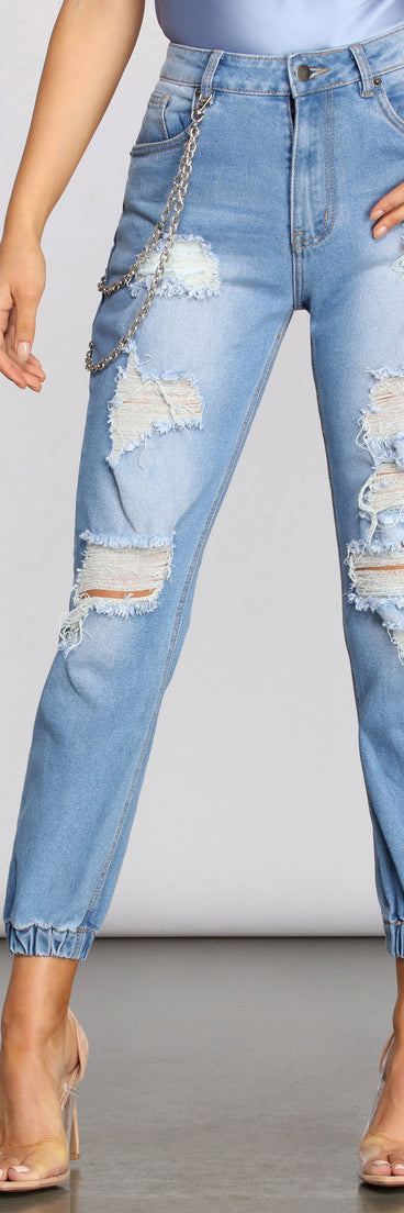 High Rise Destructed Chained Denim Joggers is a trendy pick to create 2023 festival outfits, festival dresses, outfits for concerts or raves, and complete your best party outfits!