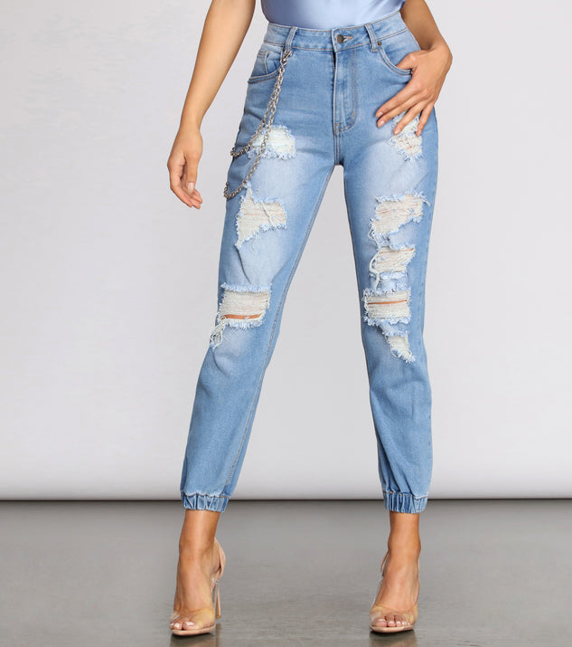 High Rise Destructed Chained Denim Joggers is a trendy pick to create 2023 festival outfits, festival dresses, outfits for concerts or raves, and complete your best party outfits!
