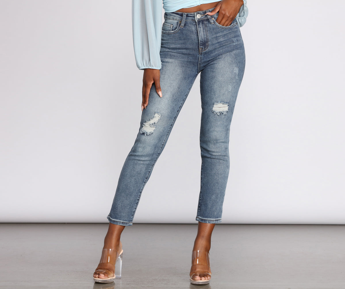 High Rise Distressed Tapered Jeans