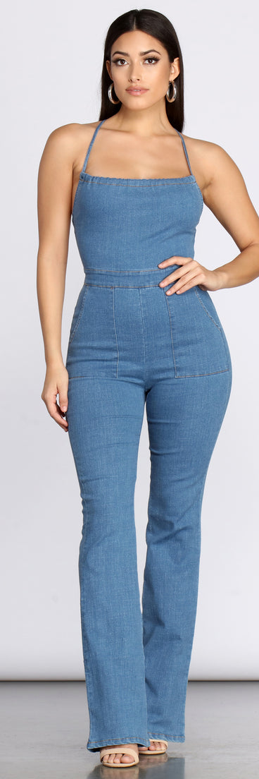 Jumping To Conclusions Denim Jumpsuit provides a stylish start to creating your best summer outfits of the season with on-trend details for 2023!