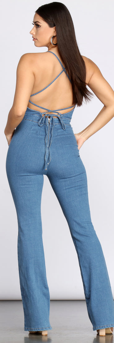 Jumping To Conclusions Denim Jumpsuit provides a stylish start to creating your best summer outfits of the season with on-trend details for 2023!