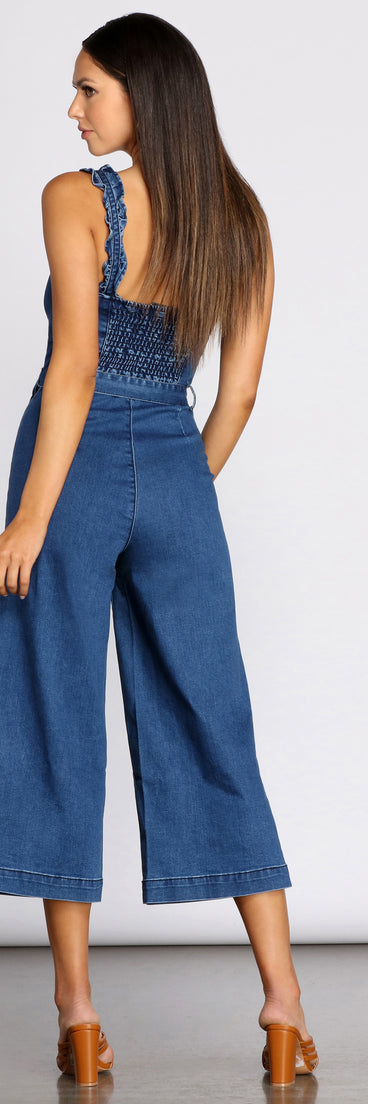 With fun and flirty details, Denim Dream Culotte Jumpsuit shows off your unique style for a trendy outfit for the summer season!