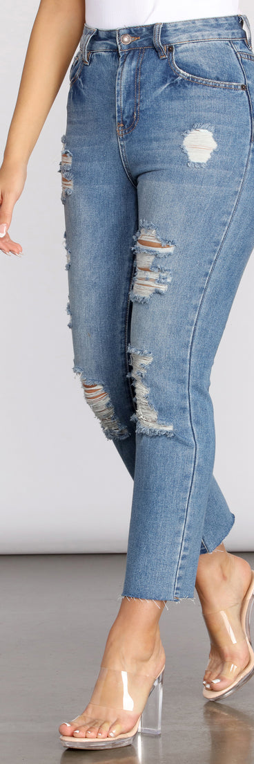 High Rise Straight Leg Destructed Denim Jeans for 2023 festival outfits, festival dress, outfits for raves, concert outfits, and/or club outfits