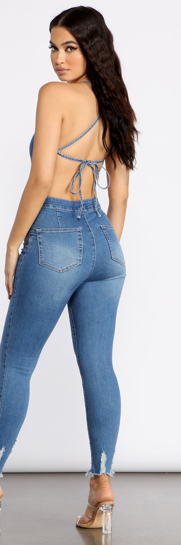 Lace It Up Denim Catsuit provides a stylish start to creating your best summer outfits of the season with on-trend details for 2023!