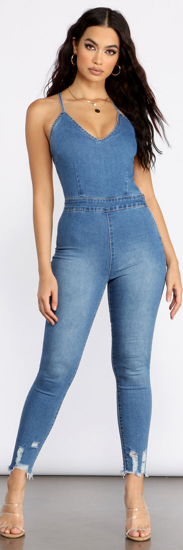Lace It Up Denim Catsuit provides a stylish start to creating your best summer outfits of the season with on-trend details for 2023!