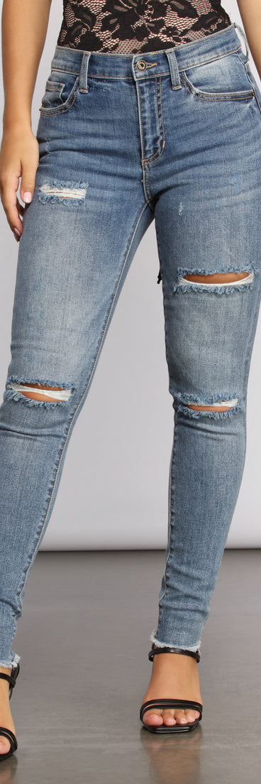 Taking Chances Destructed Raw Edge Skinny Jeans for 2023 festival outfits, festival dress, outfits for raves, concert outfits, and/or club outfits