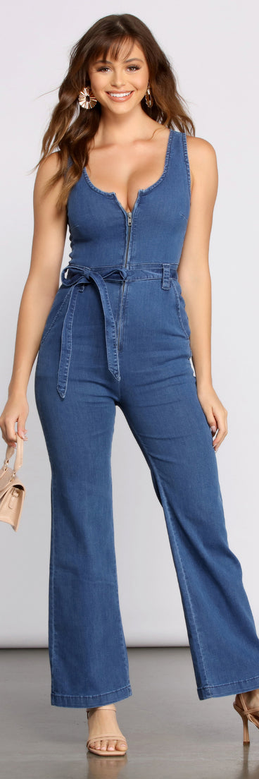 Denim Diva Sleeveless Tie Waist Jumpsuit provides a stylish start to creating your best summer outfits of the season with on-trend details for 2023!