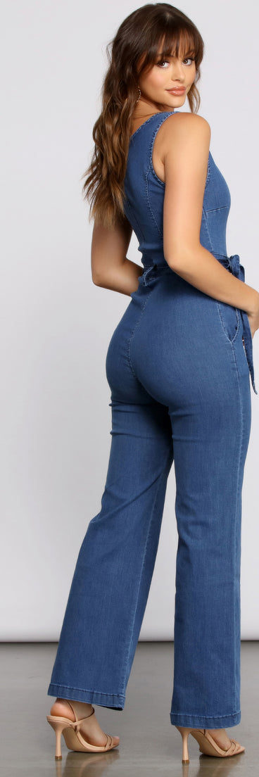 Denim Diva Sleeveless Tie Waist Jumpsuit provides a stylish start to creating your best summer outfits of the season with on-trend details for 2023!