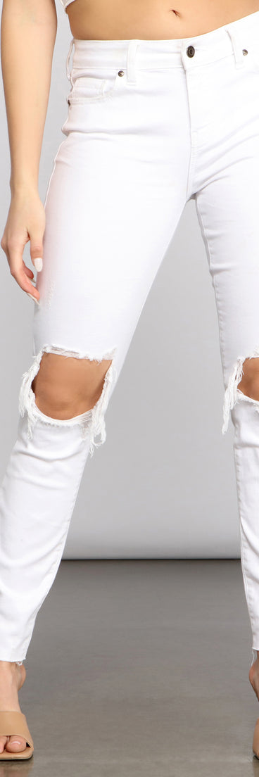 Jude Mid-Rise Destructed Knee Skinny Jeans for 2023 festival outfits, festival dress, outfits for raves, concert outfits, and/or club outfits