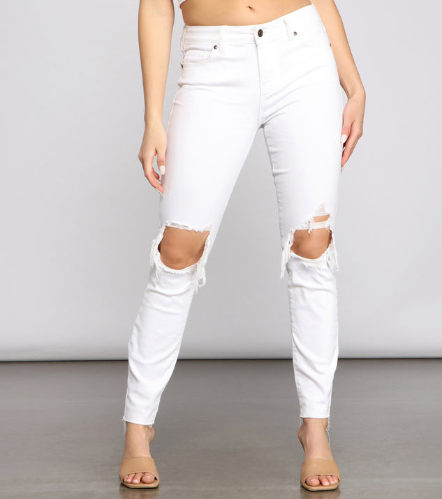 Jude Mid-Rise Destructed Knee Skinny Jeans for 2023 festival outfits, festival dress, outfits for raves, concert outfits, and/or club outfits