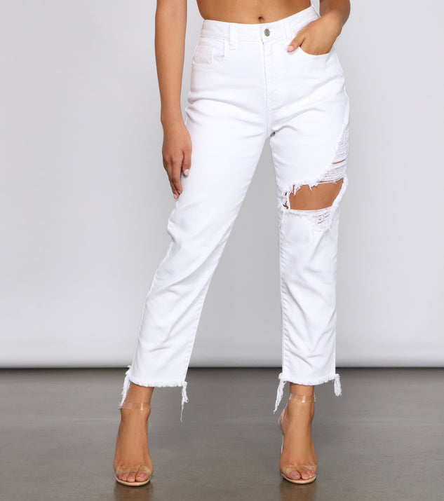 High-Rise Destructed And Frayed Mom Jeans for 2023 festival outfits, festival dress, outfits for raves, concert outfits, and/or club outfits