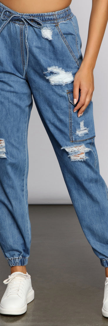 High Rise Denim Cargo Joggers for 2023 festival outfits, festival dress, outfits for raves, concert outfits, and/or club outfits