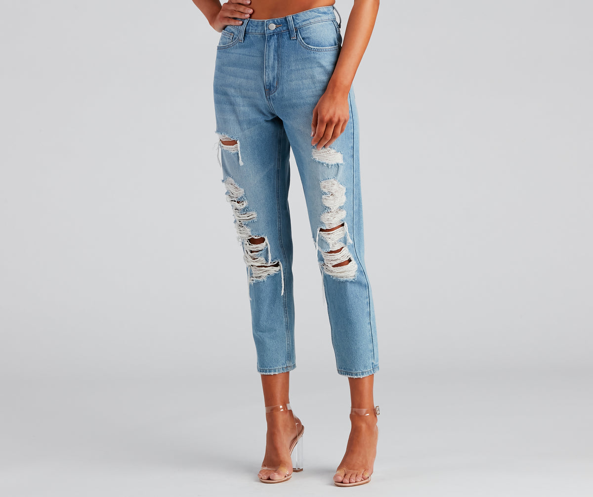 Rose & Remington Kan Can Distressed Mom Jeans