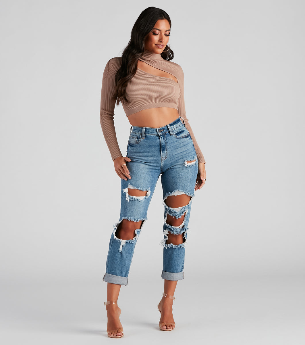 Totally Destructed Cuffed Mom Jeans