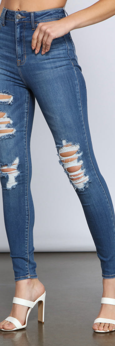 Classic High Rise Super Skinny Destructed Jeans for 2023 festival outfits, festival dress, outfits for raves, concert outfits, and/or club outfits