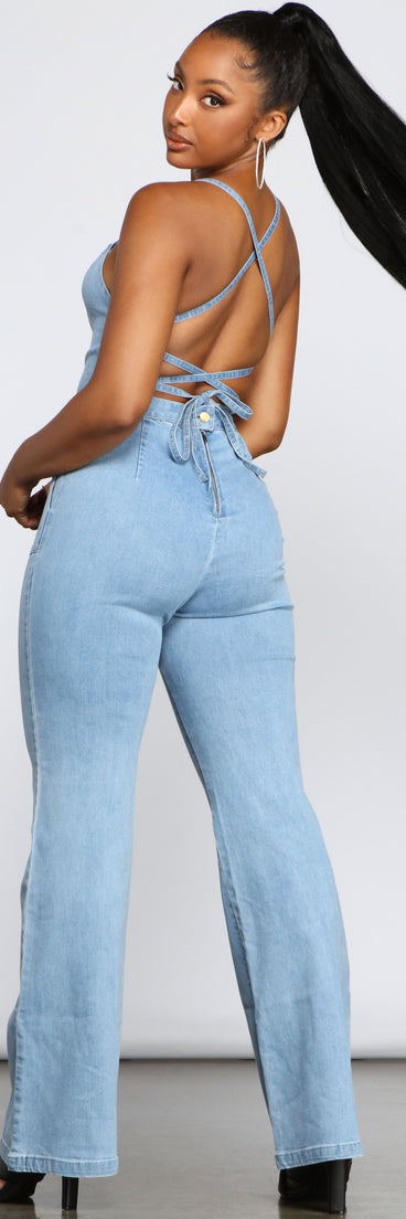 Retro Icon Lace Up Denim Jumpsuit provides a stylish start to creating your best summer outfits of the season with on-trend details for 2023!