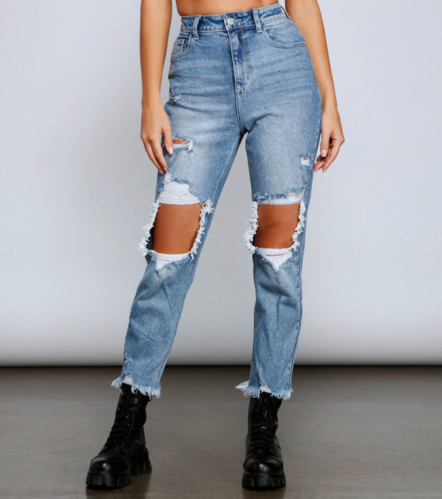 Rebel Chic High Rise Destructed Mom Jeans for 2023 festival outfits, festival dress, outfits for raves, concert outfits, and/or club outfits