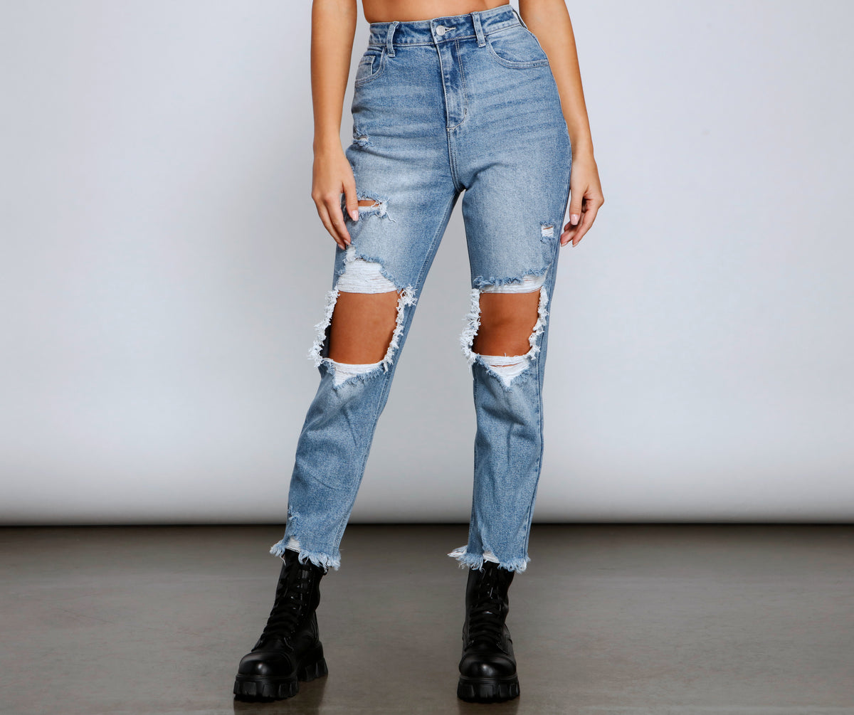 Rebel Chic High Rise Destructed Mom Jeans