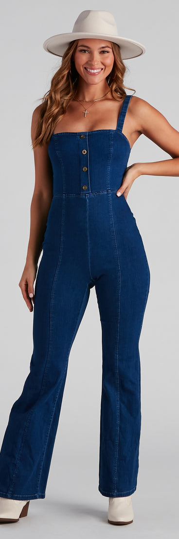 Denim Glam Flared Sleeveless Jumpsuit is a trendy pick to create 2023 festival outfits, festival dresses, outfits for concerts or raves, and complete your best party outfits!