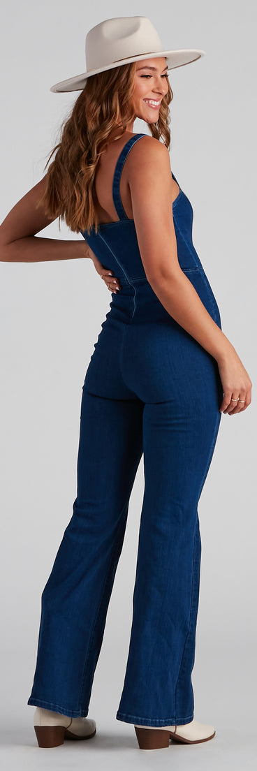 Denim Glam Flared Sleeveless Jumpsuit provides a stylish start to creating your best summer outfits of the season with on-trend details for 2023!