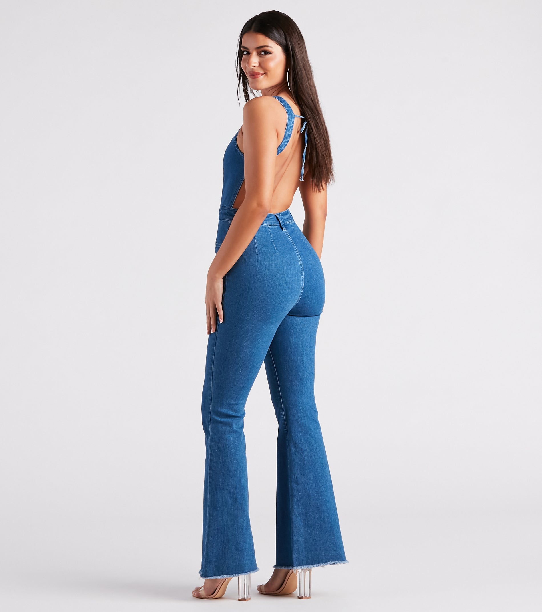 【なあ】BACK OPEN DENIM ALL IN ONE Denim Back Cutout Hyper Sculpt Wide Leg Jumpsuit | Express