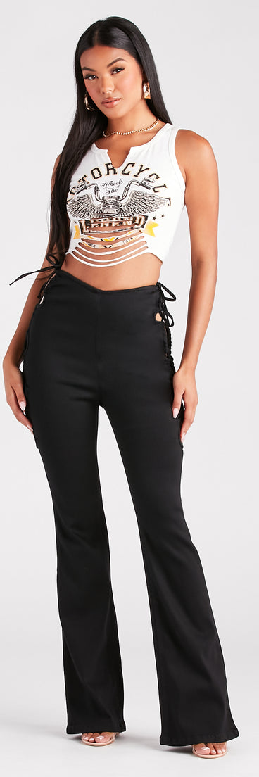 Stroll The City Mid Rise Lace-Up Flare Pants is a fire pick to create a concert outfit, 2024 festival looks, outfits for raves, or to complete your best party outfits or clubwear!