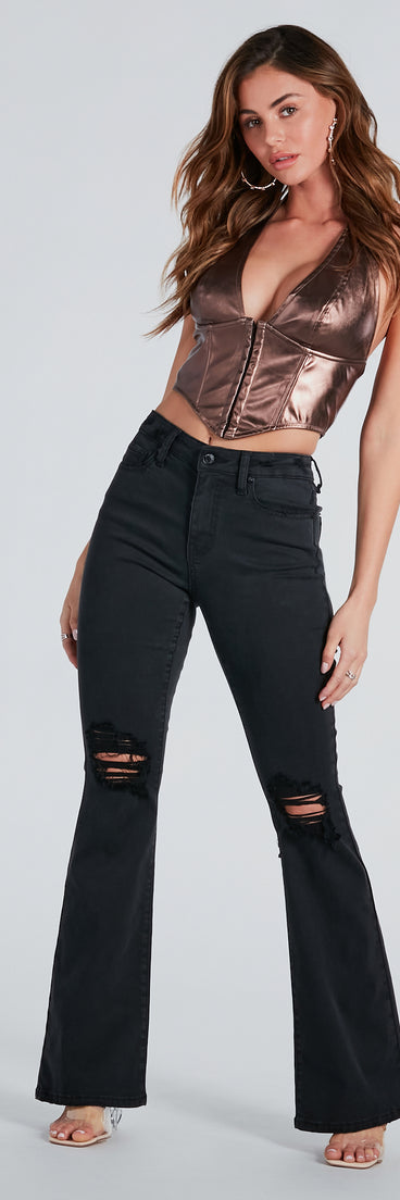 Bri High-Rise Destructed Flared Jeans by Windsor Denim is a fire pick to create a concert outfit, 2024 festival looks, outfits for raves, or to complete your best party outfits or clubwear!