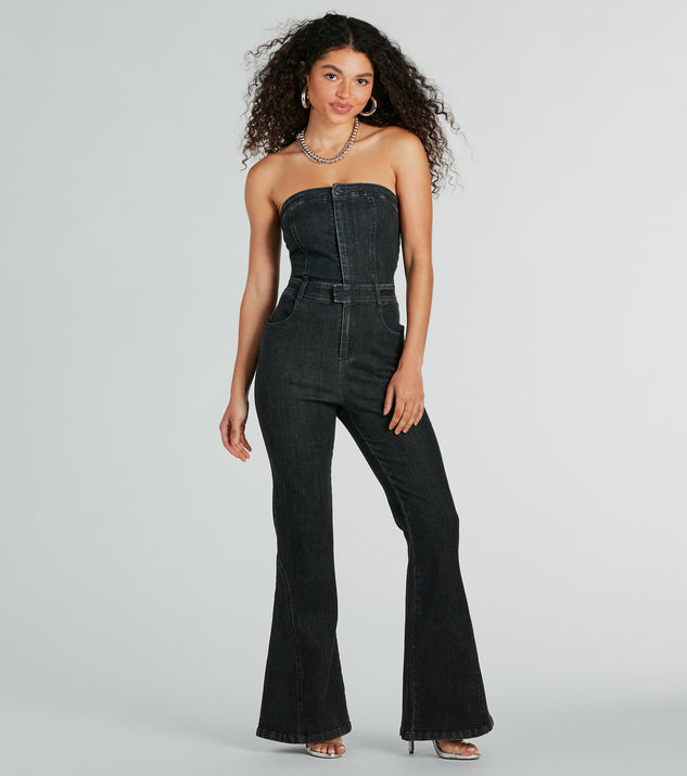 Women's Strapless Slim Fit Micro Bell Bottom Denim Jumpsuit - The Little  Connection