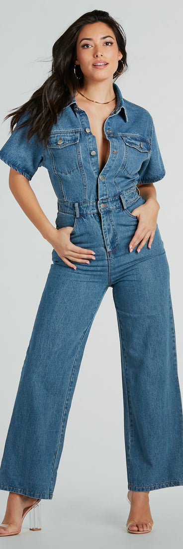 One And Done Short Sleeve Wide-Leg Denim Jumpsuit is a fire pick to create a concert outfit, 2024 festival looks, outfits for raves, or to complete your best party outfits or clubwear!