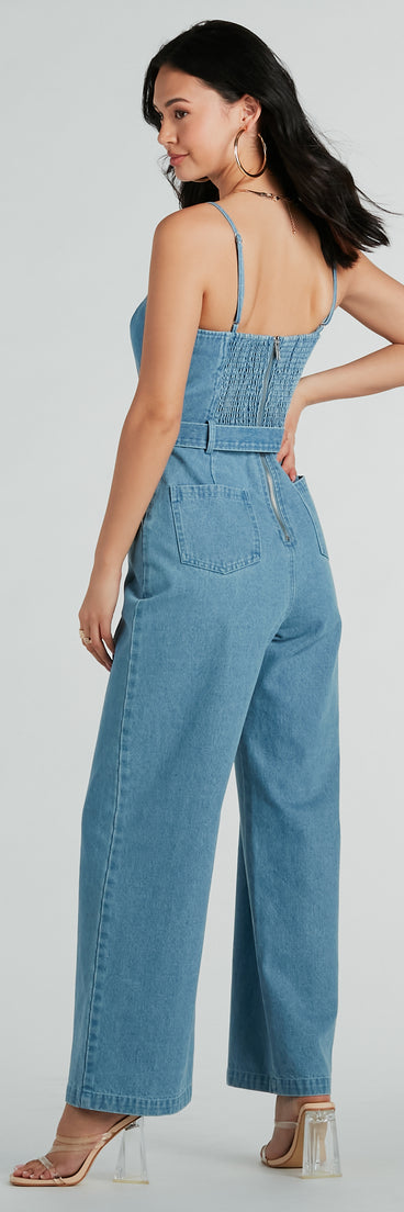 The Style Goals Belted Wide-Leg Denim Jumpsuit is an elevated one-piece that blends sleek sophistication with playful charm, perfect for nailing casual or formal outfits.