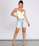 Kailey High Rise Bermuda Denim Shorts provides a stylish start to creating your best summer outfits of the season with on-trend details for 2023!