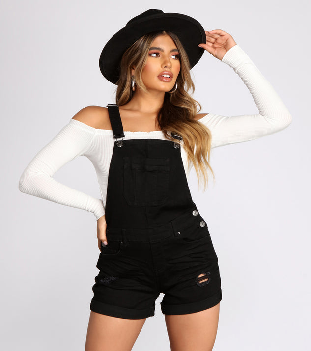 Distressed Denim Cuffed Overall Shorts is a trendy pick to create 2023 festival outfits, festival dresses, outfits for concerts or raves, and complete your best party outfits!