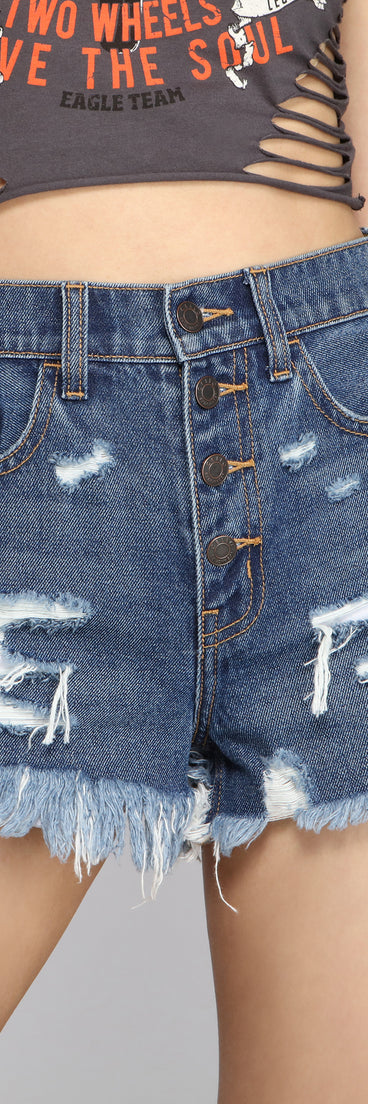 High-Rise Destructed Diva Denim Shorts is a trendy pick to create 2023 festival outfits, festival dresses, outfits for concerts or raves, and complete your best party outfits!