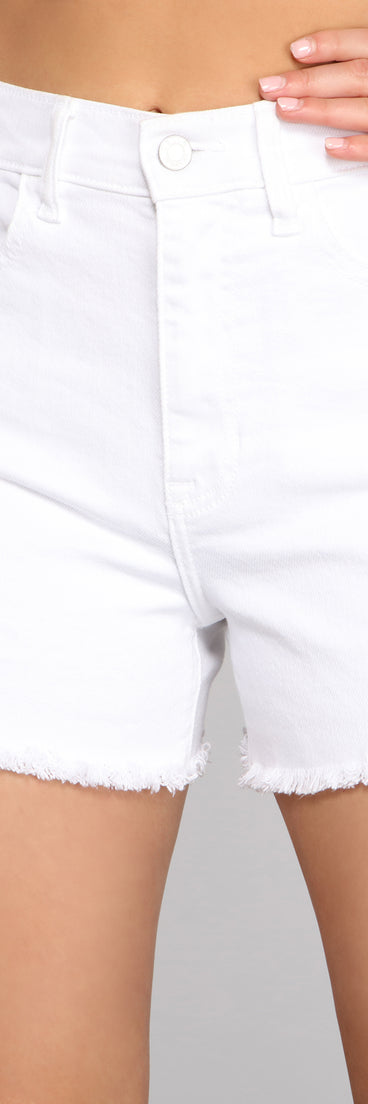 Elevated High-Rise Denim Frayed Shorts for 2023 festival outfits, festival dress, outfits for raves, concert outfits, and/or club outfits