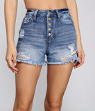 Edgy Chic High Rise Button Down Denim Shorts for 2023 festival outfits, festival dress, outfits for raves, concert outfits, and/or club outfits