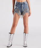 On The Fringe Rhinestone Denim Shorts is a fire pick to create a concert outfit, 2024 festival looks, outfits for raves, or to complete your best party outfits or clubwear!