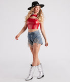 On The Fringe Rhinestone Denim Shorts is a fire pick to create a concert outfit, 2024 festival looks, outfits for raves, or to complete your best party outfits or clubwear!