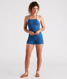Playful In Denim Lace-Up Romper is a fire pick to create 2023 festival outfits, concert dresses, outfits for raves, or to complete your best party outfits or clubwear!