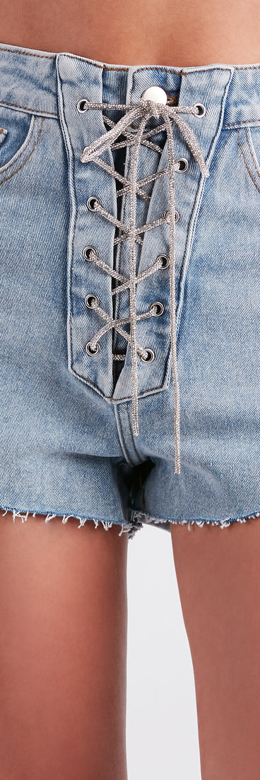 Nothing Short Of Glam Rhinestone Lace-Up Denim Shorts is a fire pick to create 2023 festival outfits, concert dresses, outfits for raves, or to complete your best party outfits or clubwear!