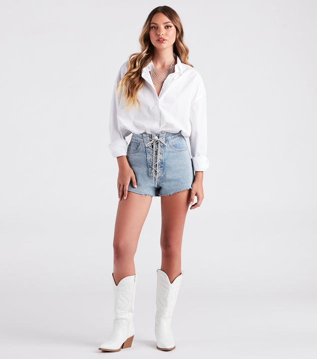 Nothing Short Of Glam Rhinestone Lace-Up Denim Shorts is a fire pick to create 2023 festival outfits, concert dresses, outfits for raves, or to complete your best party outfits or clubwear!